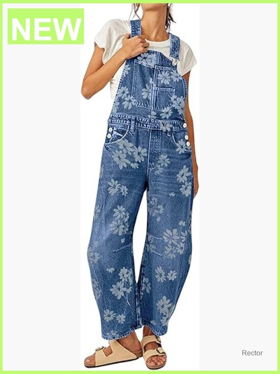 Denim - Floral Print Denim Overalls Baggy Barrel Jeans Y2k Wide Leg Jumpsuit